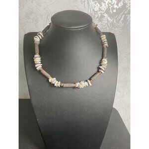 Natural Shell & Wooden Bead Necklace 16" Beach Inspired Boho Style Jewelry